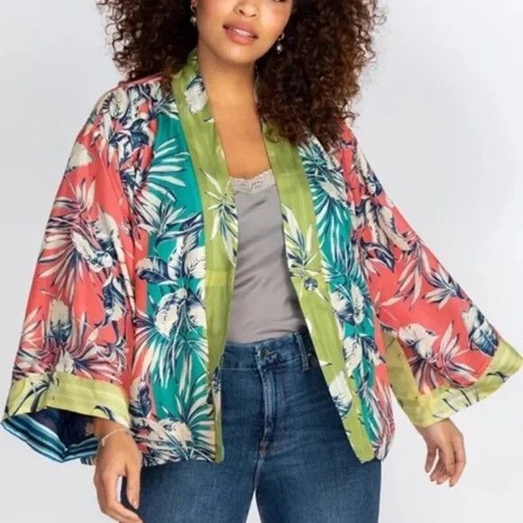 NWT Johnny Was Blue Floral Kygo Nana Silk Reversible Kimono Size 1X - Picture 2 of 16